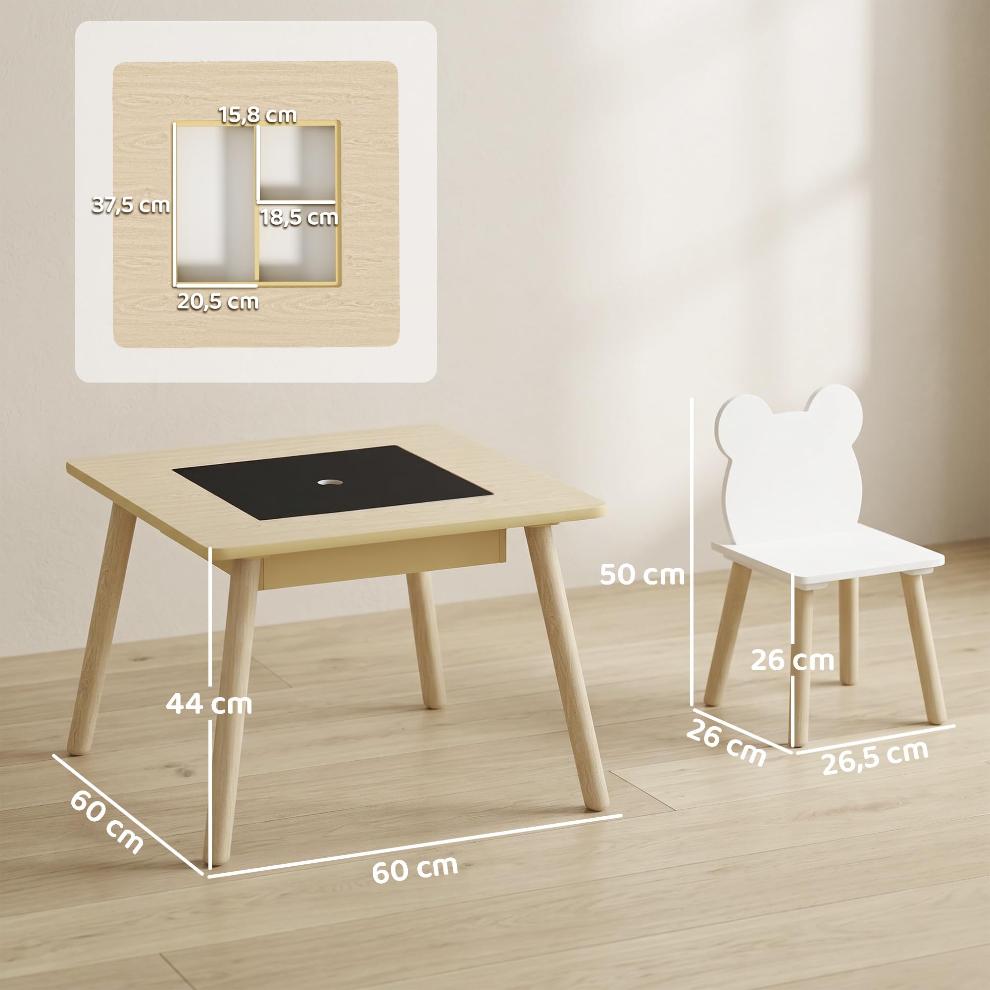 AIYAPLAY Ensemble Table et 2 Chaises 3 pièces Enfants Plateau réversible Bois Naturel