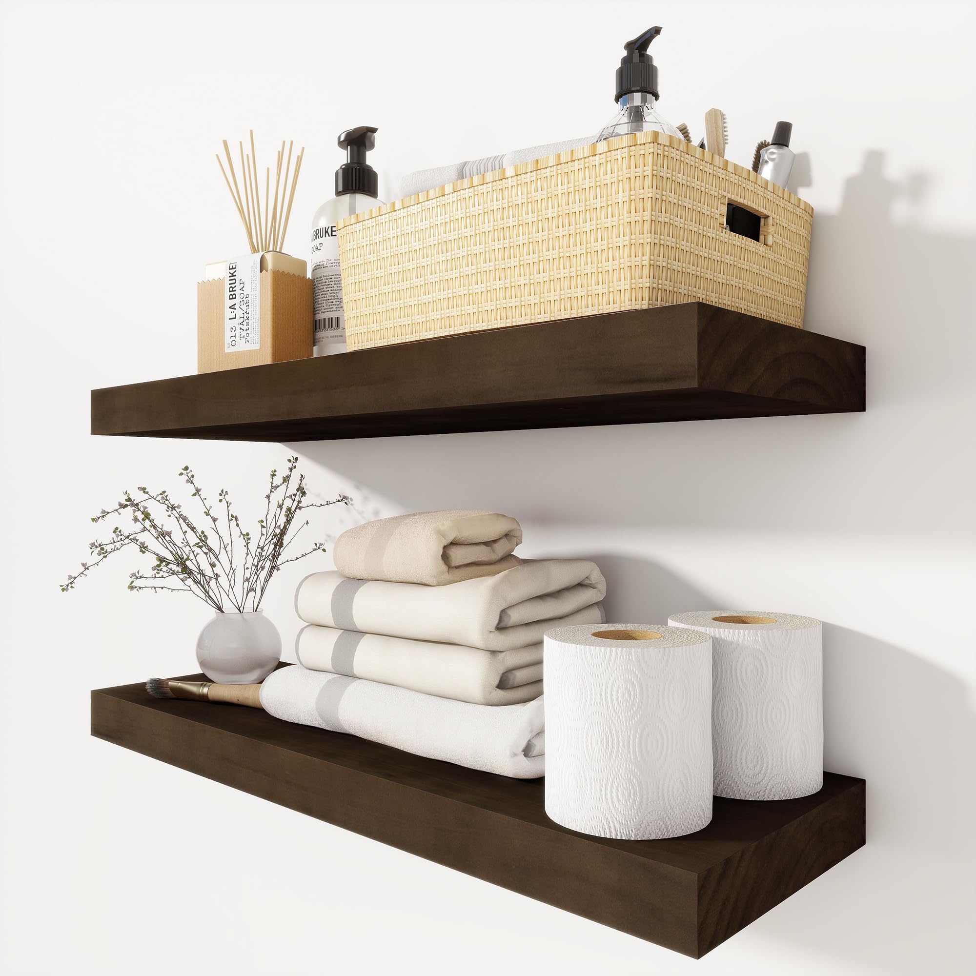 Heimlove Wood Floating Shelves 24 inch,8 Inch Deep Solid Pine Wood Wall Shelf for Bathroom,Natural Wood Floating Shelf for Bedroom,Kitchen,Living Room