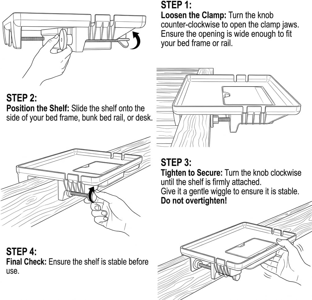COOL-ANGLE Bedside Shelf for Bunk Bed & College Dorm, Clamp-on Bed Shelfie with Hidden Storage Box & Cable Management, Large Bedside Tray for Rails up to 2.9", Space Saving Floating Nightstand, Black