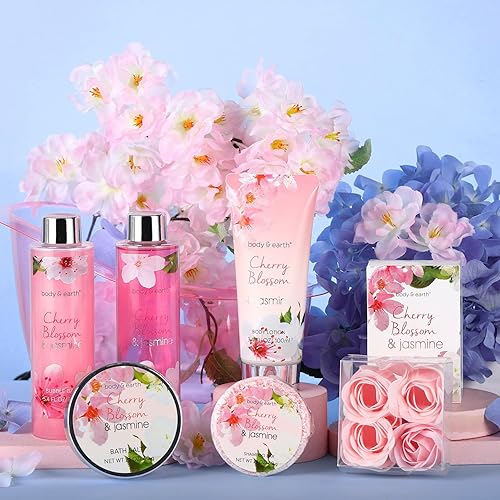 Miniatura 2 de Cesta de regalo para mujer cestas de regalo de spa cuerpo y tierra 8 piezas para mujer juegos de baño con aroma a flor de cerezo y jazmín gel de