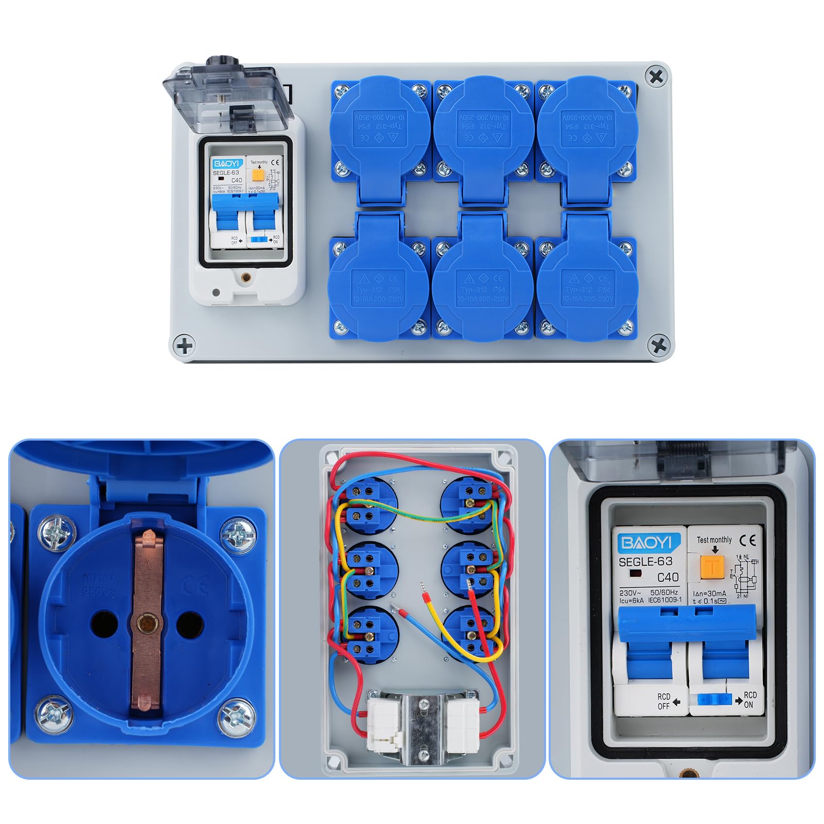Distribuidor de corriente 16A Distribuidor de energía Distribuidor de pared con interruptor diferencial 1P+N de 63A con 6 tomas (distribuidor 2 polos de 250V) IP54 Estanco
