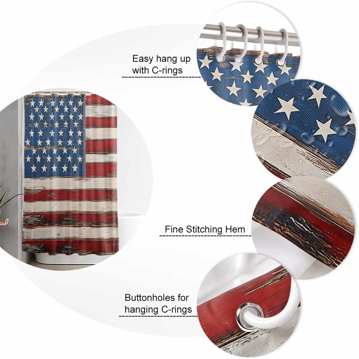 American Flag 4th of July Shower Curtain Vintage Wood Grain Farmhouse Patriotic Memorial Day Independence Day Bath Curtains with Hooks Waterproof 72x96 inch