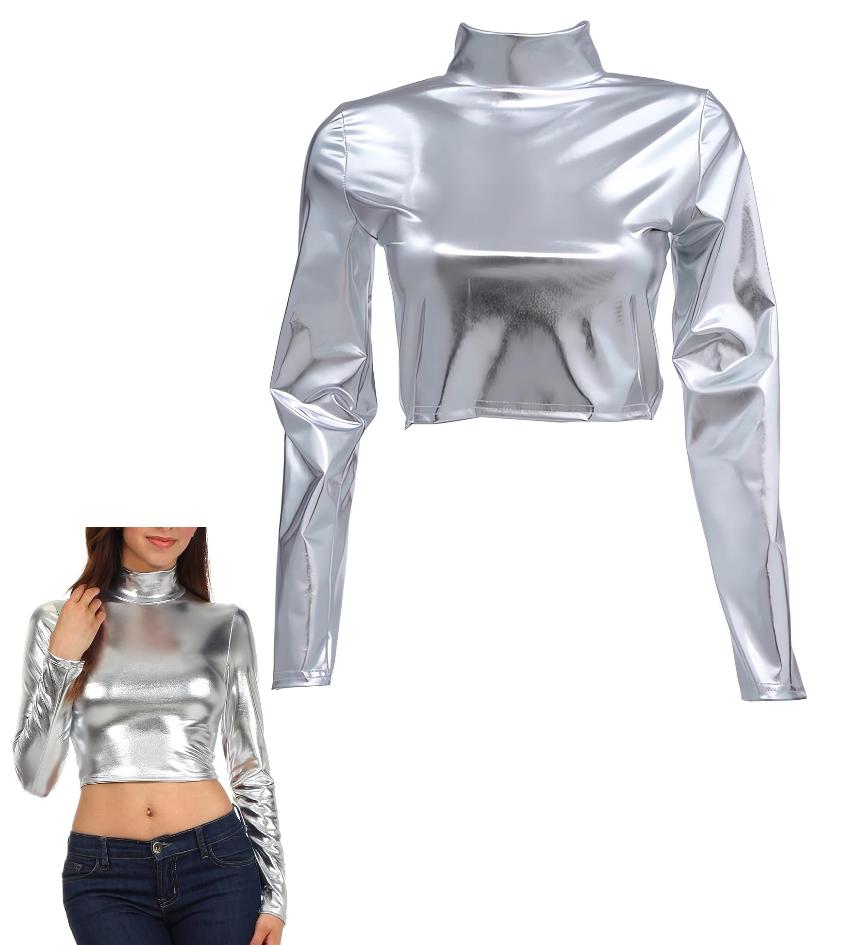 Women's Metallic Long Sleeve Tops, Shiny Stretch Long Sleeve Mock Neck Crop Top for Clubwear, Slim Fit Turtleneck Metallic Blouses, Holographic Liquid Party Tank Tops Dance Club T-Shirt Tee Tops