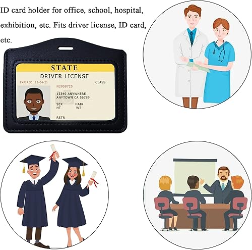Miniatura 5 de Larpur Paquete de 2 portatarjetas de identificación, estuche horizontal de cuero con ventana de identificación transparente, color negro, doble cara