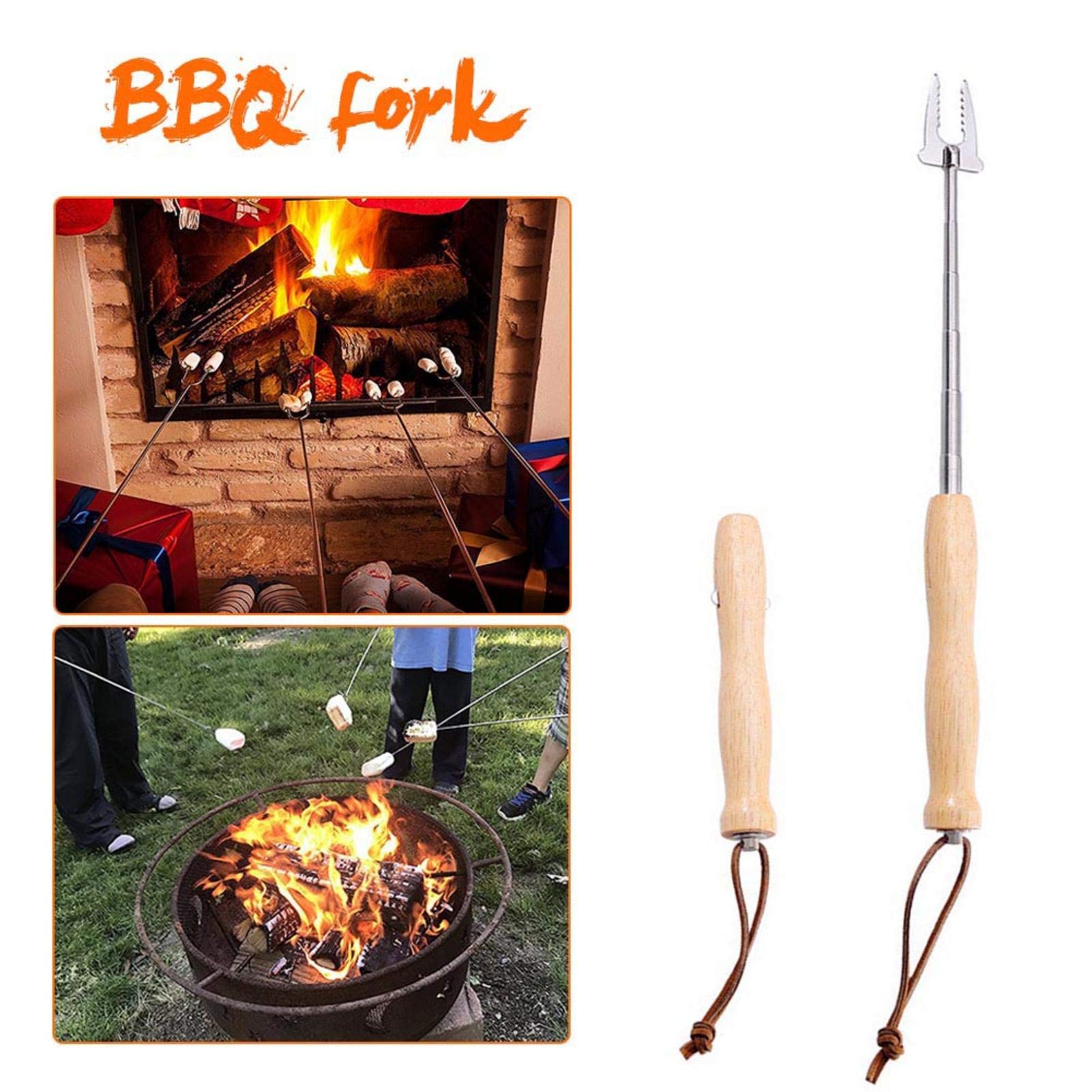 Set of 4 Barbecue Skewers Stainless Steel Wooden Handle Long Campfire Telescopic Extendable Barbecue Fork Barbecue Accessories Shish Skewers Meat Fork - Image 3