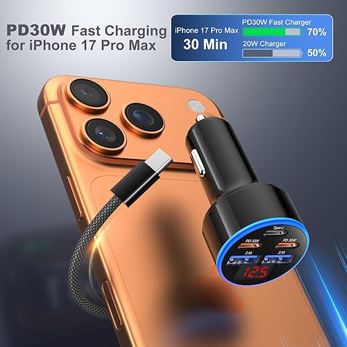 Miniatura 2 de OKRAY - Cargador de coche USB C de 5 puertos de 90 W, paquete de 3 unidades de carga súper rápida PD30W 12 V, adaptador de encendedor de cigarrillos