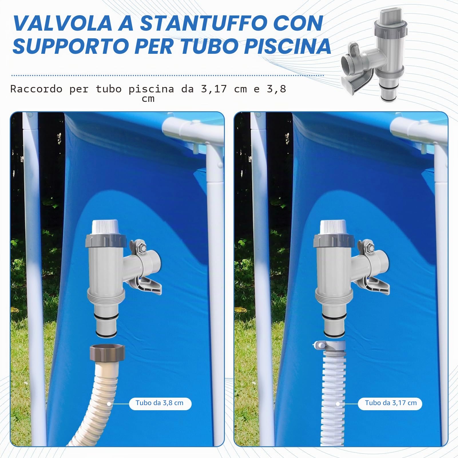 Valvola Plunger Plus per piscina fuori terra, 2 in 1 accessorio piscina Intex/Bestway/Coleman, valvola di intercettazione per piscine fuori terra e pompa filtro