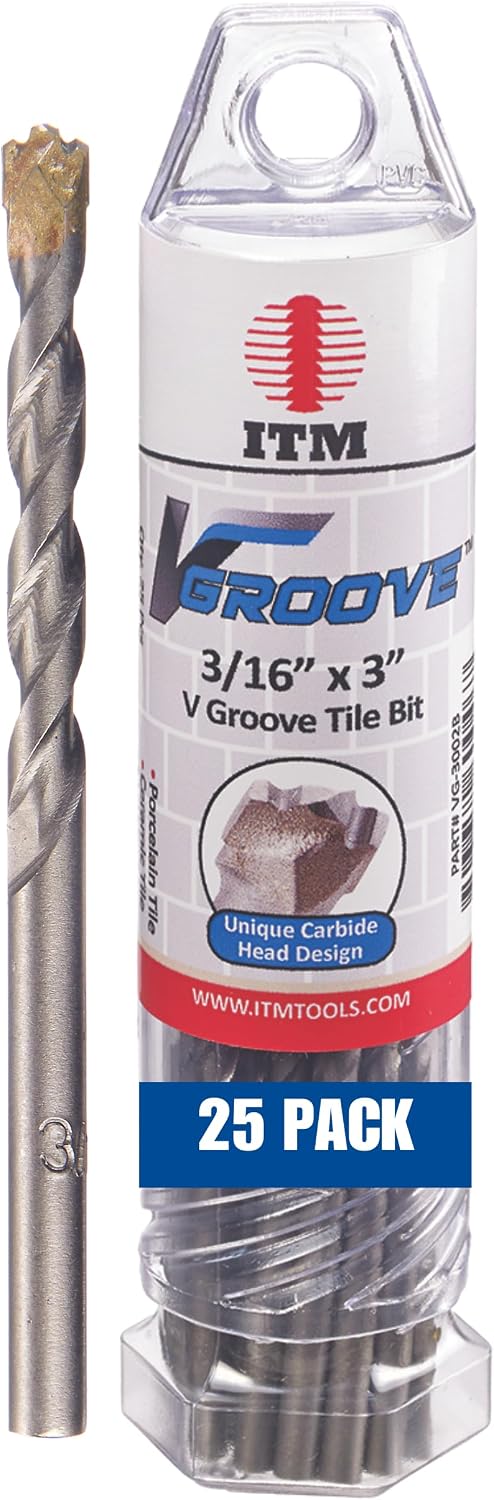 ITM V-Groove - VG-3002B - 3/16" X 3" - 25 Pack - Porcelain Tile Drill Bits - Carbide Tipped Drill Bits for Porcelain, Ceramic, Marble, Stone and Glass Tile