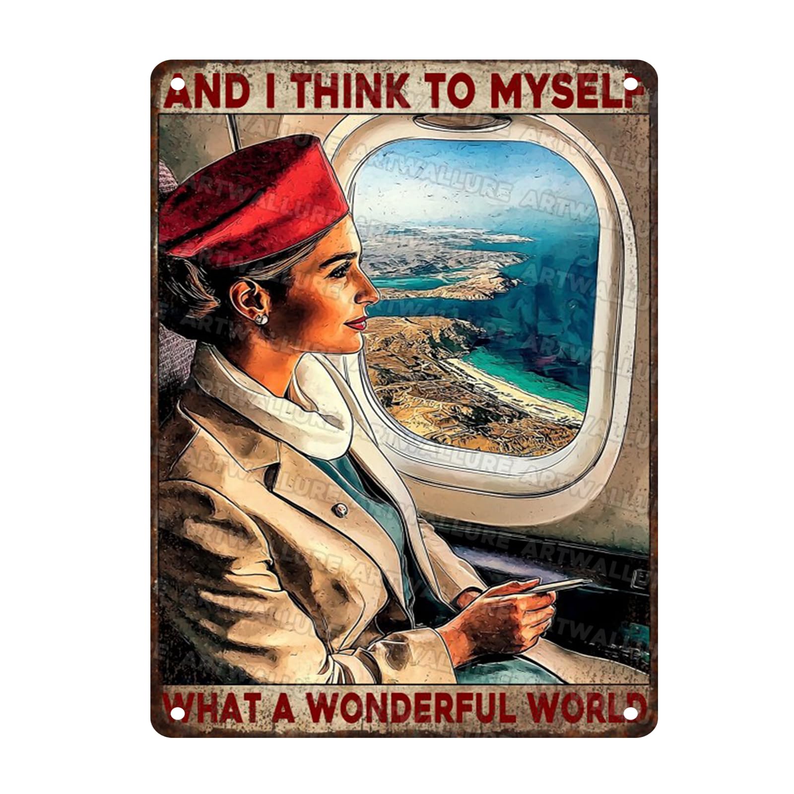 Travel Enthusiast Tin Plaque Rustic Wall Art Vintage Airplane Decor What A Wonderful World 12x16inch