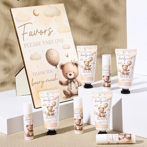 Miniatura 3 de Juego de 30 regalos de revelación de género para invitados, 30 piezas de crema de manos para baby shower de oso y 30 bálsamo labial con 1 soporte