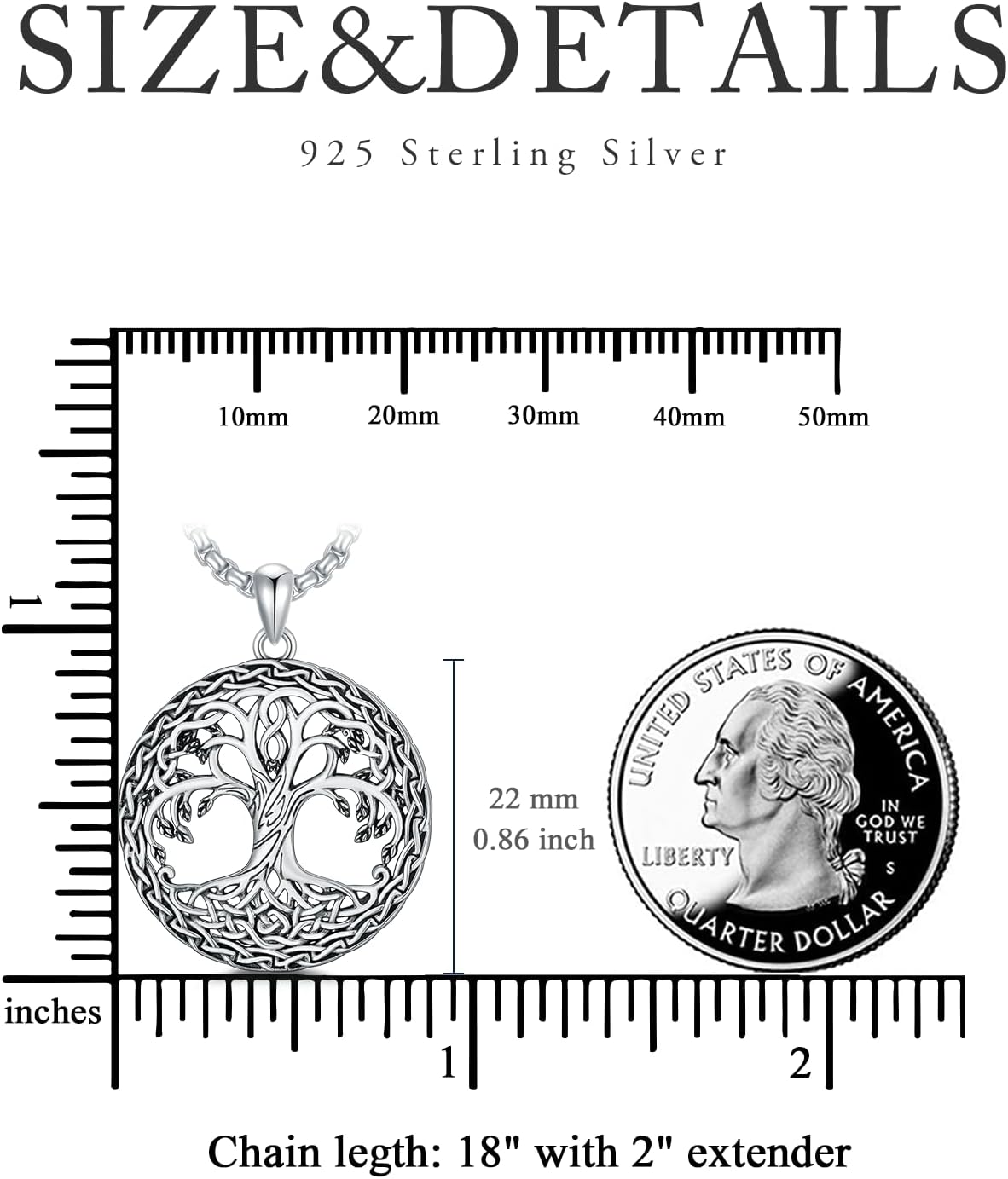 Tree of Life Necklace 925 Sterling Silver Celtic Knot Tree Pendant for Men Women, w/Stainless Steel Chain 22 + 2 Inch - Image 6