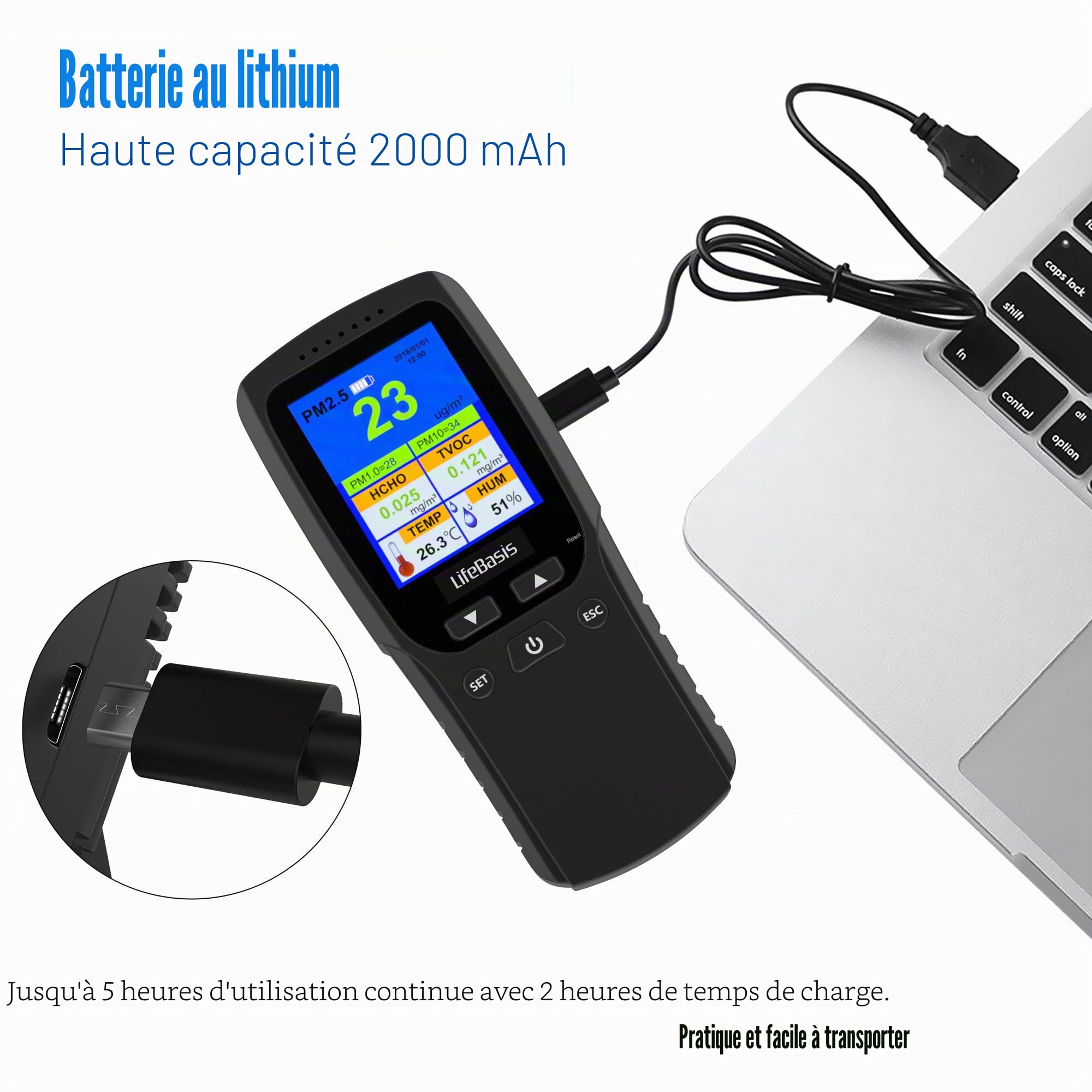 Moniteur de Qualité de l'air LifeBasis 8 en 1 PM2.5 / PM1.0 / PM10 / HCHO/TVOC/AQI/Temp/HUM Détecteur Air Quality Monitor Portable pour Chambres, Bureaux et Autres Lieux