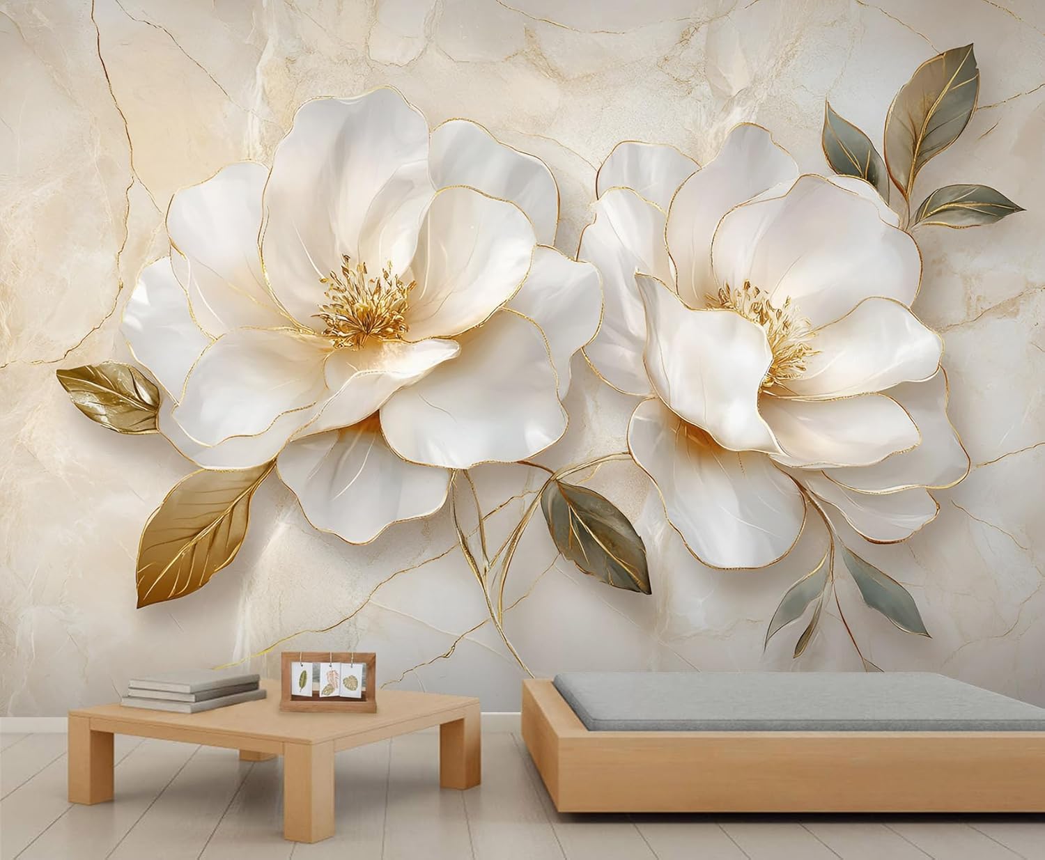 Marble Flowers Wall Mural, Minimalist Flowers 3D Wallpaper, Large Mural for Living Room Bedroom TV Background Hotel Bar Decor - 78.7" W x 55.1" H