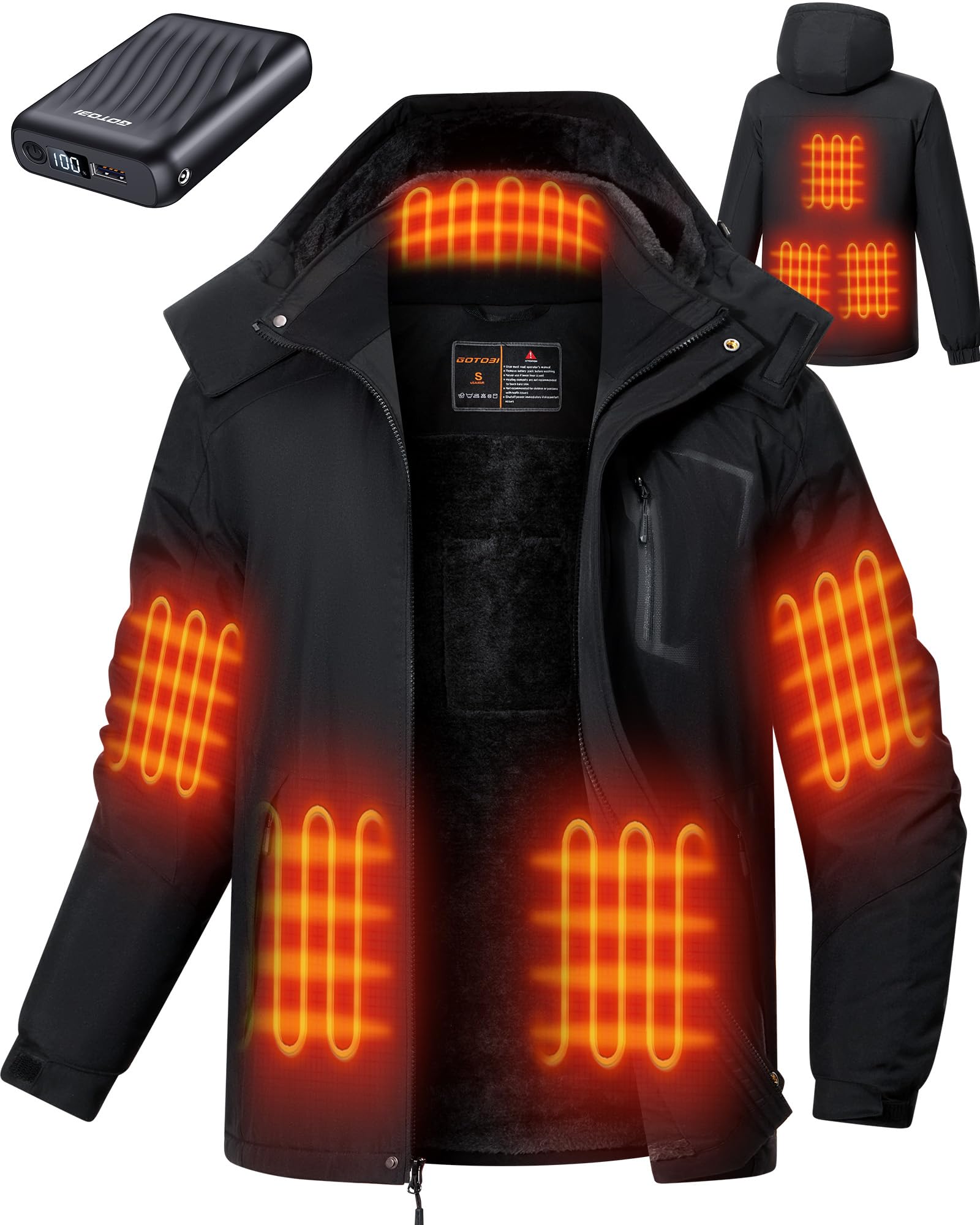 Chaqueta Calefactable Hombre 12V 18400mAh 8 Zonas Calentamiento 3 Niveles Temperatura Capucha Extraíble Negro XL