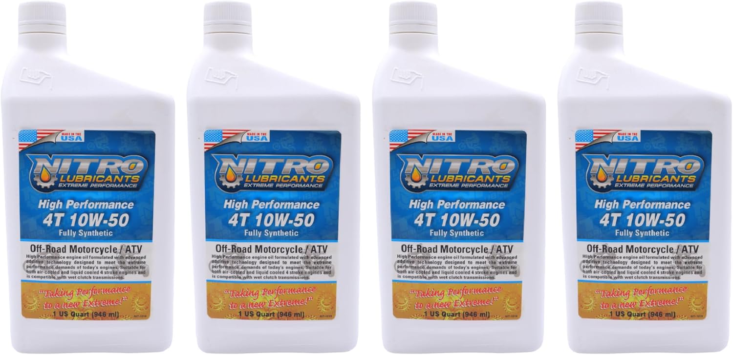 Nitro Lubricants 10W-50 4 Stroke Engine Oil – Semi-Synthetic, High Performance Formula for Motorcycles, ATVs & UTVs – Racing & Off-Road – Advanced Additive Technology – 1 Quart – Made in USA (4-Pack)