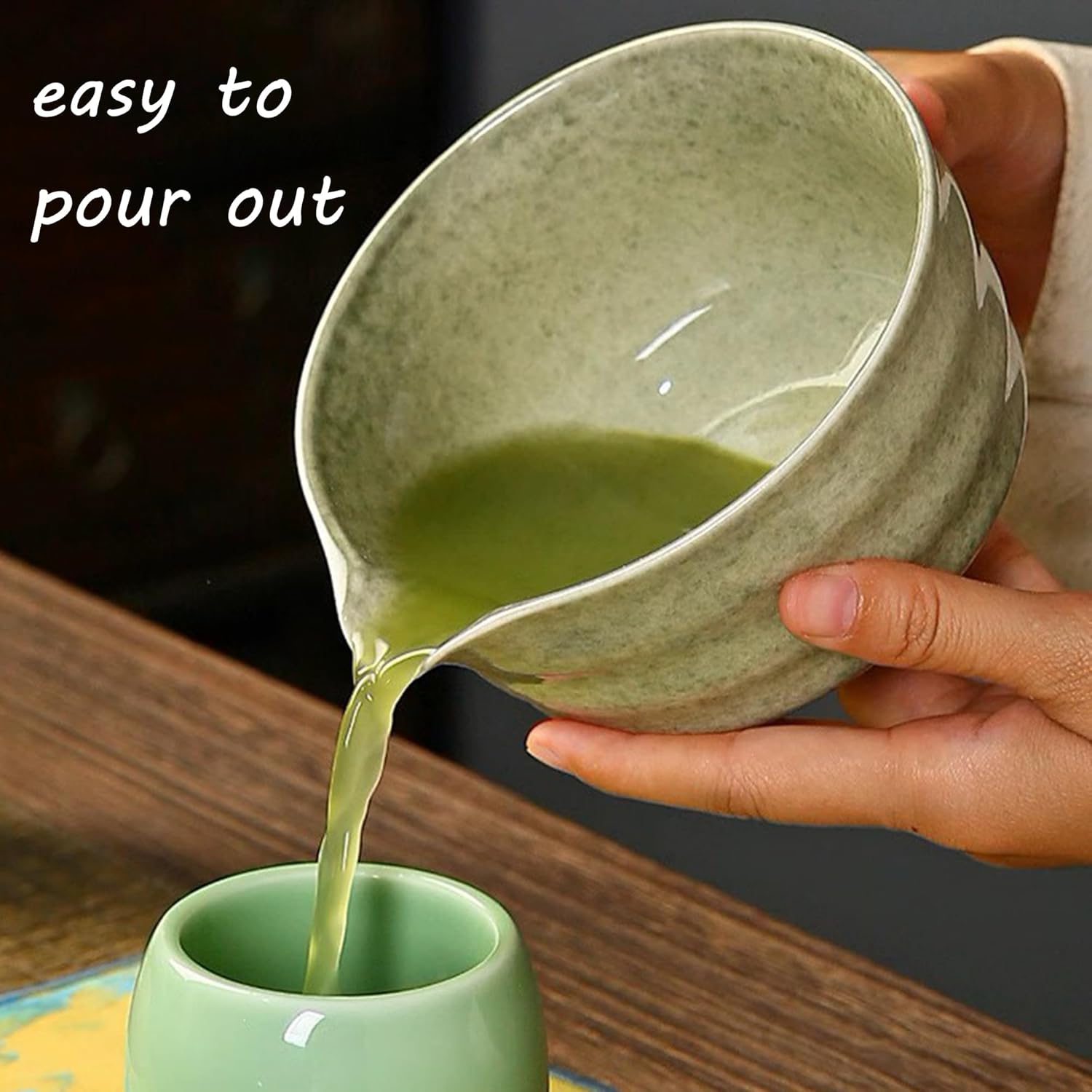 Matcha Whisk Set, Matcha Bowl with Spout, Matcha Whisk and Holder, Bamboo Matcha Scoop and Stainless Steel Sifter - 5 Pcs Mottled Green Kit Gift for Birthday Christmas - Image 5