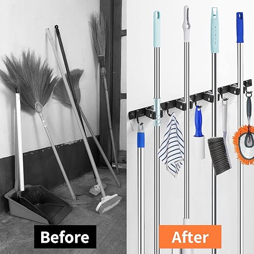 Miniatura 9 de Piyl Soporte de escoba para mopa de pared colgador de escoba montado en la pared organización de metal almacenamiento de garaje jardín cocina