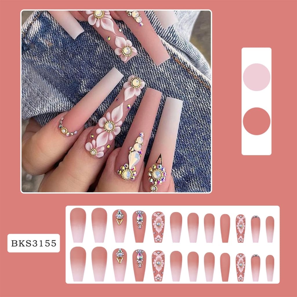 24Pcs Long with Flower Decors Full Covers Stick on Nails for Fashion Women and Festive Celebrations