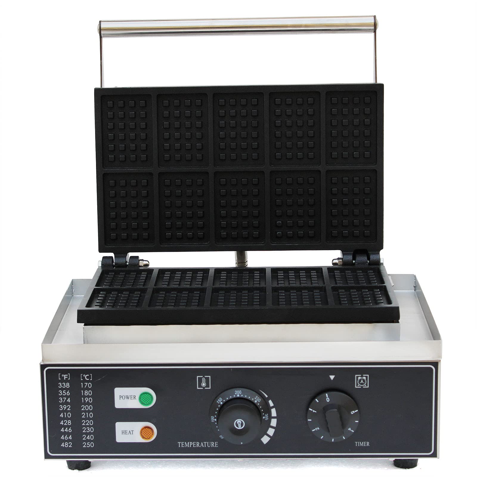Gofrera para gofres belga 1500 W, revestimiento antiadherente, 10 discos, gofrera eléctrica cuadrada, 50-300 °C, con temporizador de 0-5 min para panaderías, restaurantes
