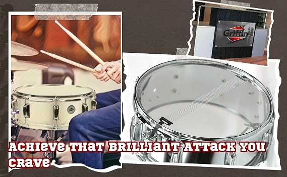 GRIFFIN 14 x 5.5 Steel Snare Drum (MetalPRO Edition) Chrome Shell with 8 Lugs, Throw Off Strainer, White Head & Drum Key Percussion Instrument Kit