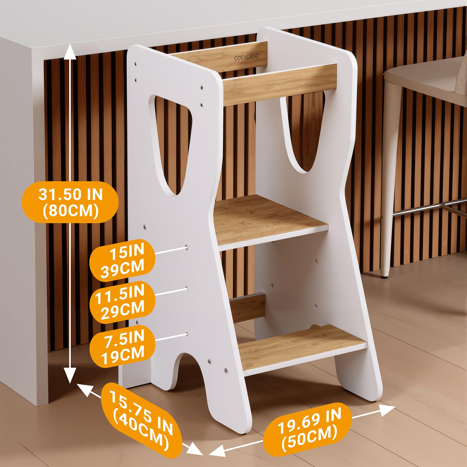 COSYLAND Torre Montessoriana Bambini Legno Naturale 3 Altezze Regolabili Bianco e Naturale