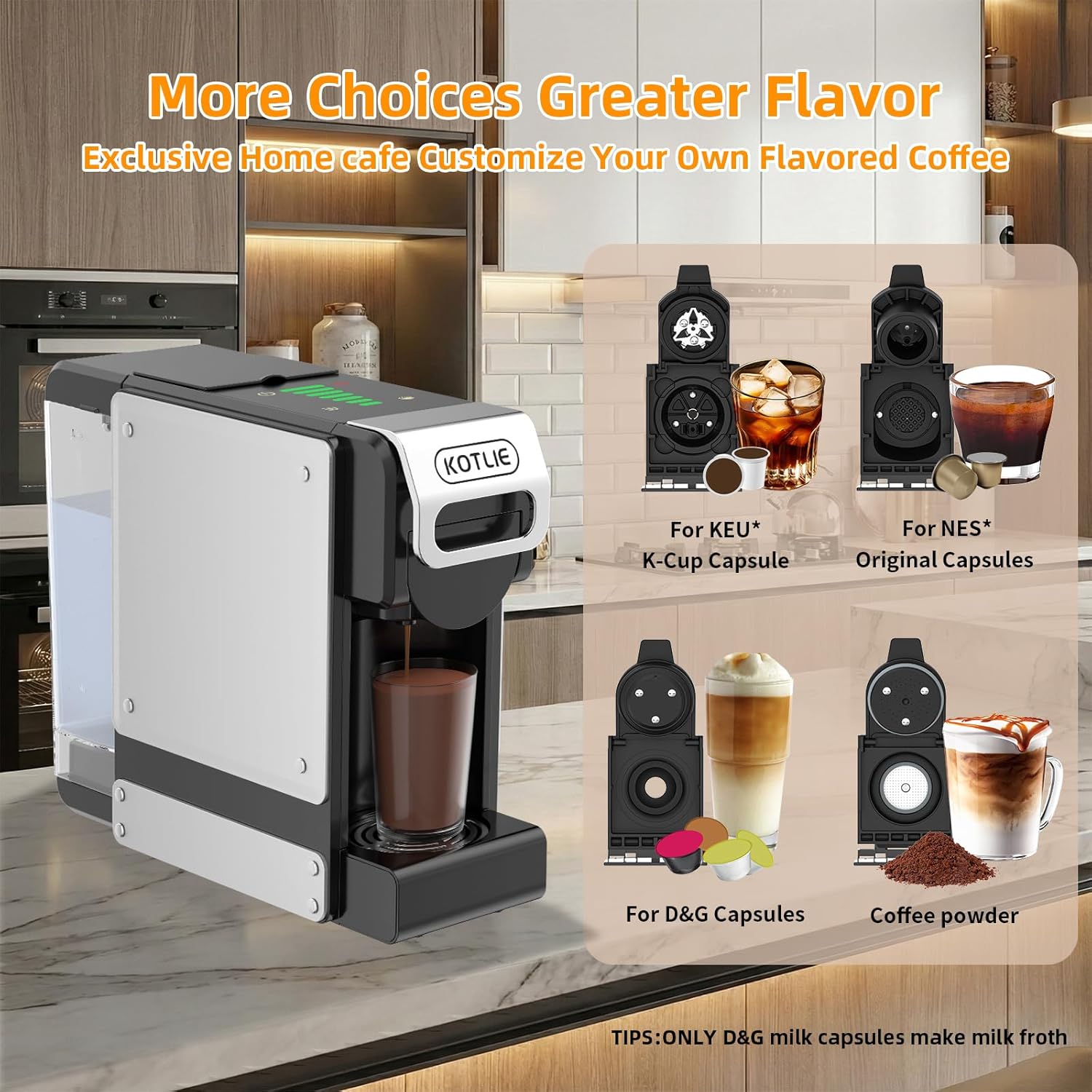 KOTLIE ST-550 coffee maker showing compatibility with K-Cup, Nespresso, Dolce Gusto, and ground coffee adapters.