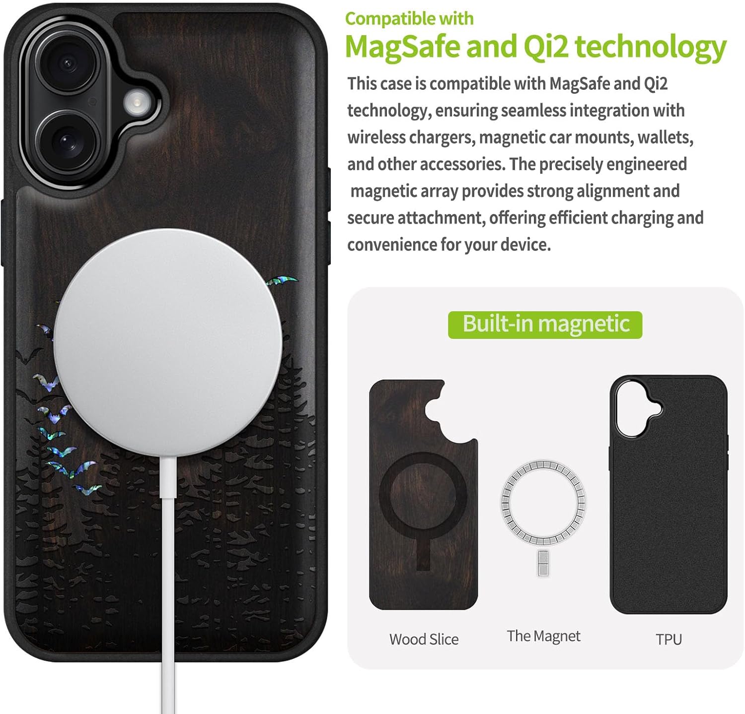 Carveit Magnetic Wooden Case for iPhone 17 Case, Wood Artisan Engraved & Handmade Shell Inlaid, TPU Shockproof Cover, Compatible with MagSafe Wireless Chargers (Bats Over The Forest-Blackwood)
