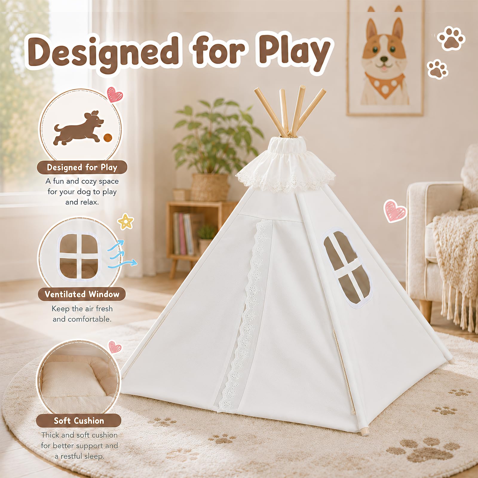 Tipi Zelt für Hunde und Katzen 60x60x70cm, 5-Eckiges Kiefernholz Haustierzelt mit Doppelseitigem Kissen, Waschbare Hundehöhle für Mittelgroße Hunde bis 15kg Indoor, Cremeweiß, 1 Stück