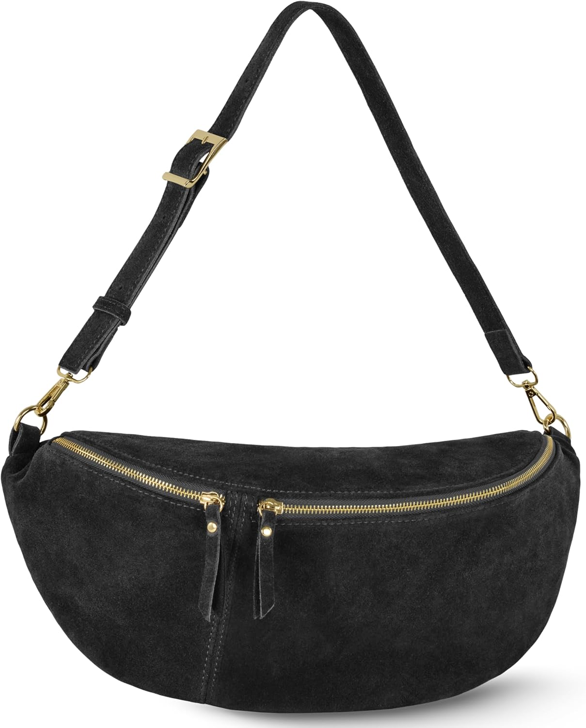 Italian Genuine Suede Crossbody Bag for Women with Zipper & Detachable Strap | Large Travel Chest Sling Fanny Pack (Black)