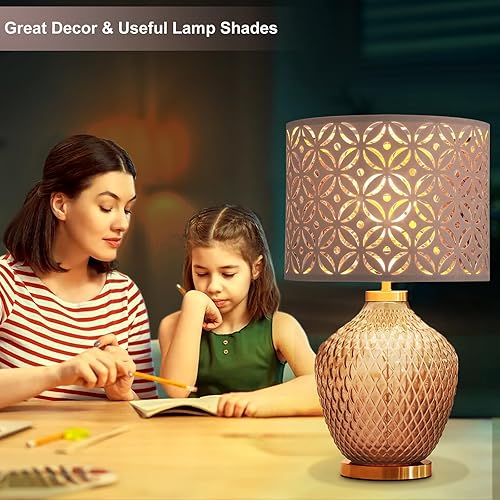 Miniatura 44 de Juego de 2 pantallas marrones, lámparas de mesa y pie de tela mediana, parte superior de 13 pulgadas x 11 pulgadas inferior x 10 pulgadas de alto