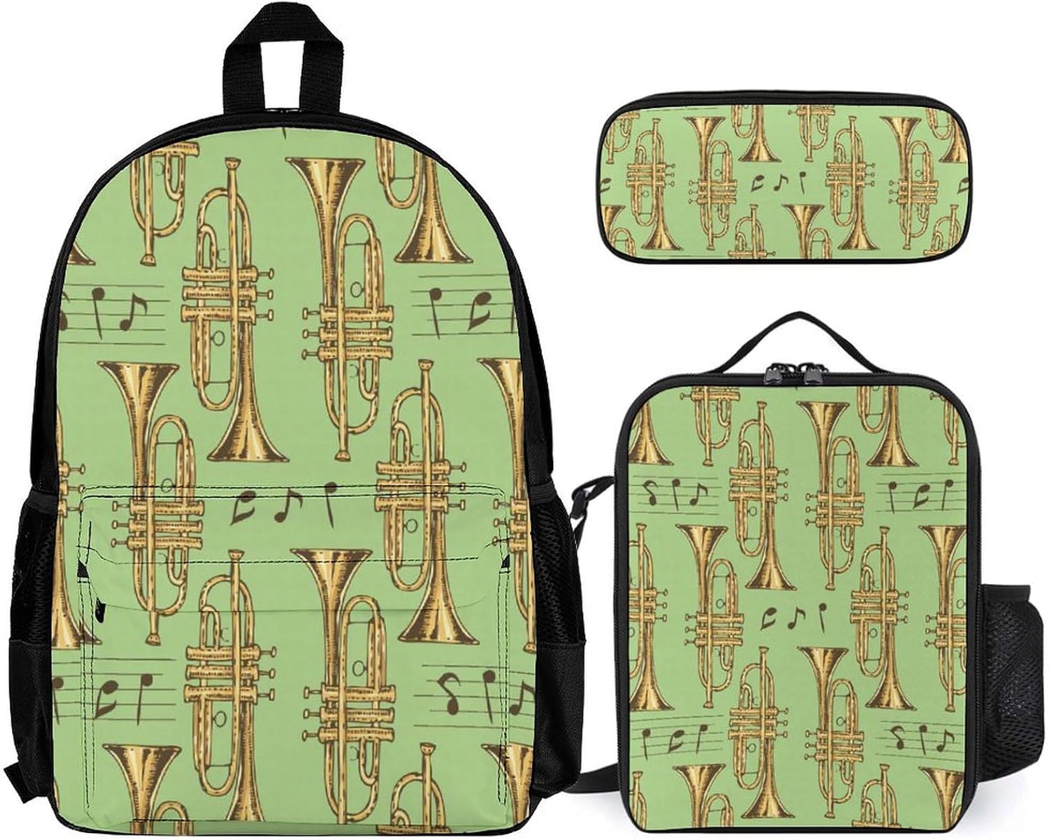 Golden Trombones of Music Notes Pattern 3 Piece Backpack Sets With Lunch Bag Pencil Case Combination Hiking Travel Work