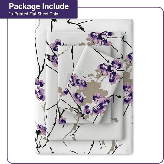 100% Egyptian Cotton Flat Sheet Single Size, 400 Thread Count Soft Cooling Floral Print Top Sheet, Premium Flower Design Bed Sheet for Single Bed - Exotic Lilac