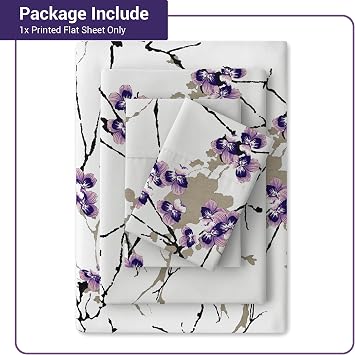 100% Egyptian Cotton Flat Sheet Single Size, 400 Thread Count Soft Cooling Floral Print Top Sheet, Premium Flower Design Bed Sheet for Single Bed - Exotic Lilac