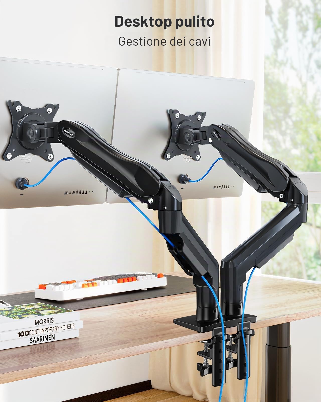 HUANUO Supporto Monitor Scrivania Doppio, Braccio Monitor Scrivania per Schermi da 13–32 Pollici, Supporto a Due Bracci per Monitor Curvi e Piatti, Attacco VESA 75x75 e 100x100 mm, Carico Massimo 9 kg