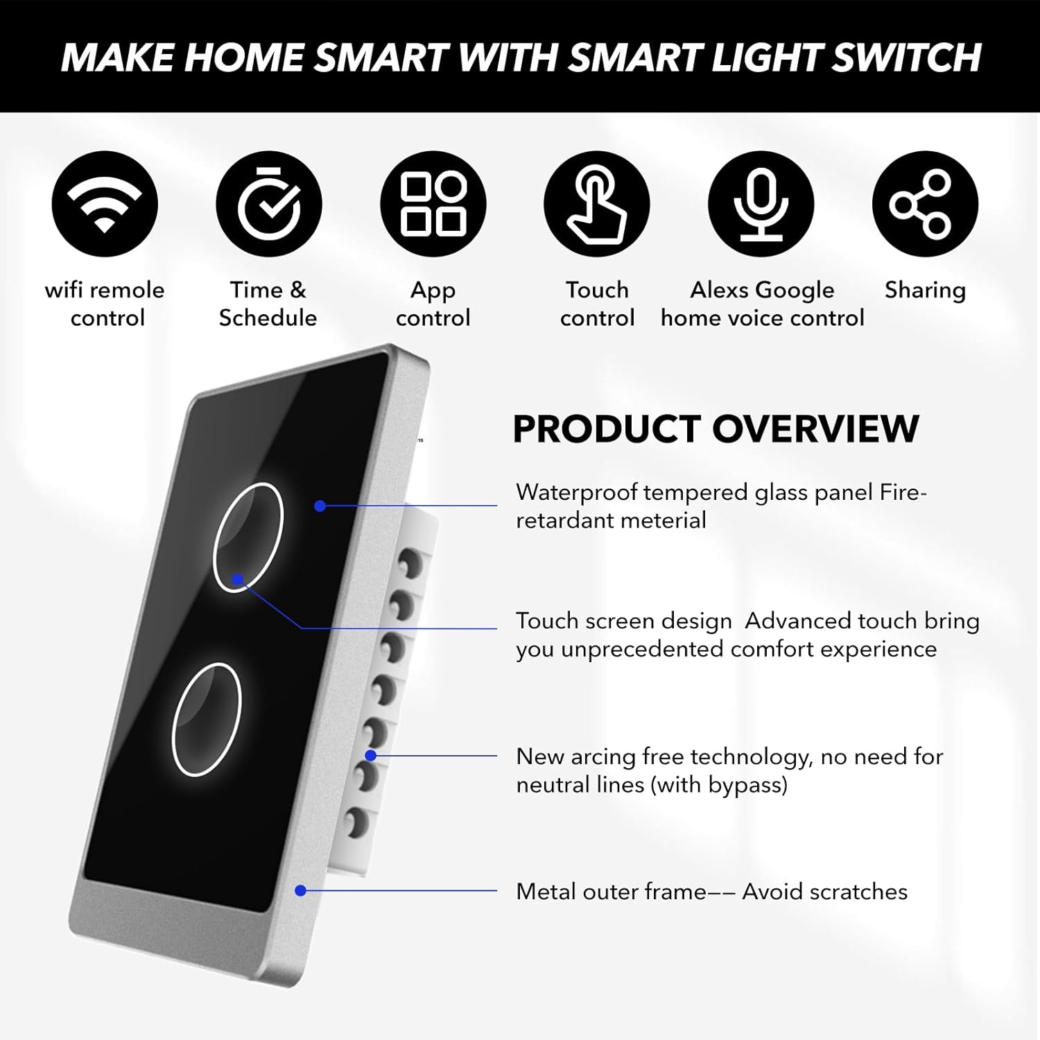 Smart Wall Light Switch, 2.4GHz 2 Gang WiFi Touch Switches, Neutral Wire Required, 3 Way Muti Remote Control Smart Life/Tuya App, Compatible with Alexa, Google Home, Black, 2026