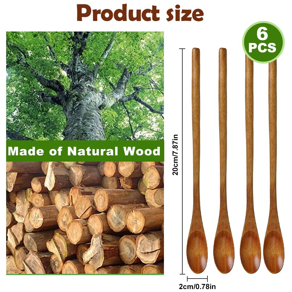 cobee 6 stuks lange houten lepels, 20 cm handvat, houten