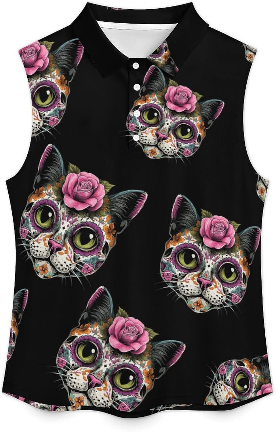 Sugar Skull Cat Womens Sleeveless V Neck Golf Polo Shirts | Collared Tank Tops