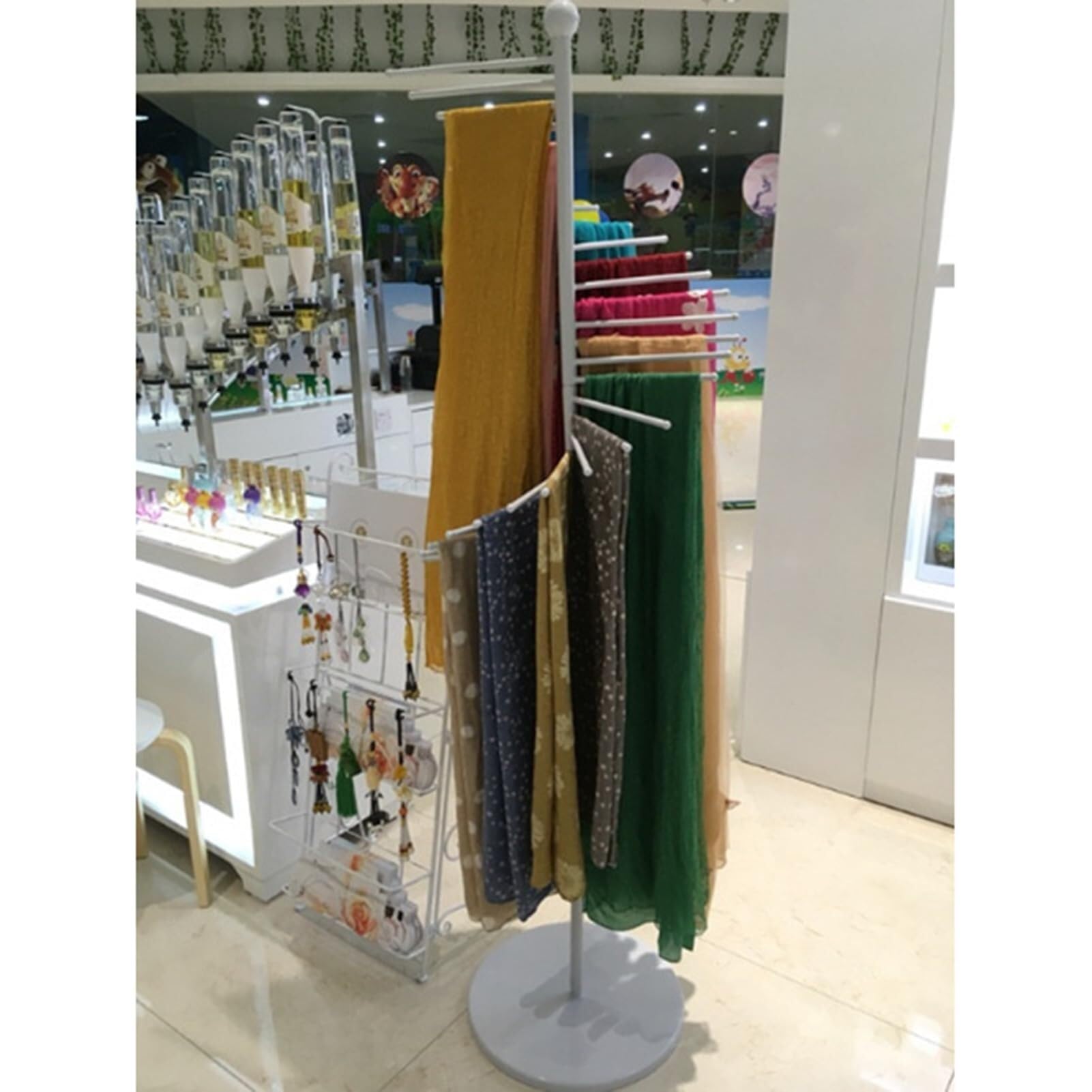 Expositor comercial de bufanda – Percha giratoria de metal para bufandas, chales e hiyabs – Ahorro de espacio para tiendas de ropa – 170 cm con capacidad para 30 artículos (blanco)