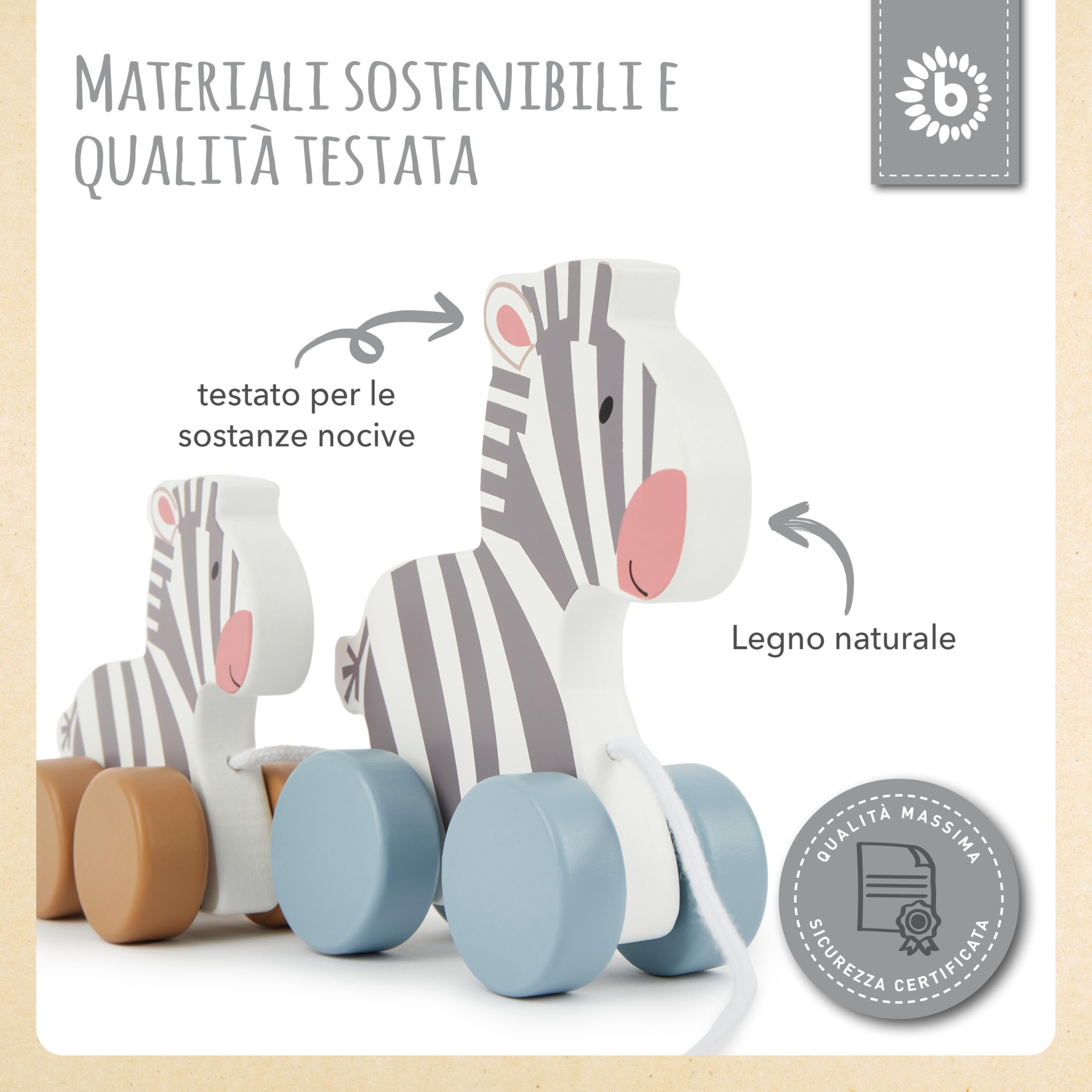 Bieco Giocattolo da Tirare in Legno - Carino Animale Zebra per Bambino a partire da 1 anno - Famiglia zebra