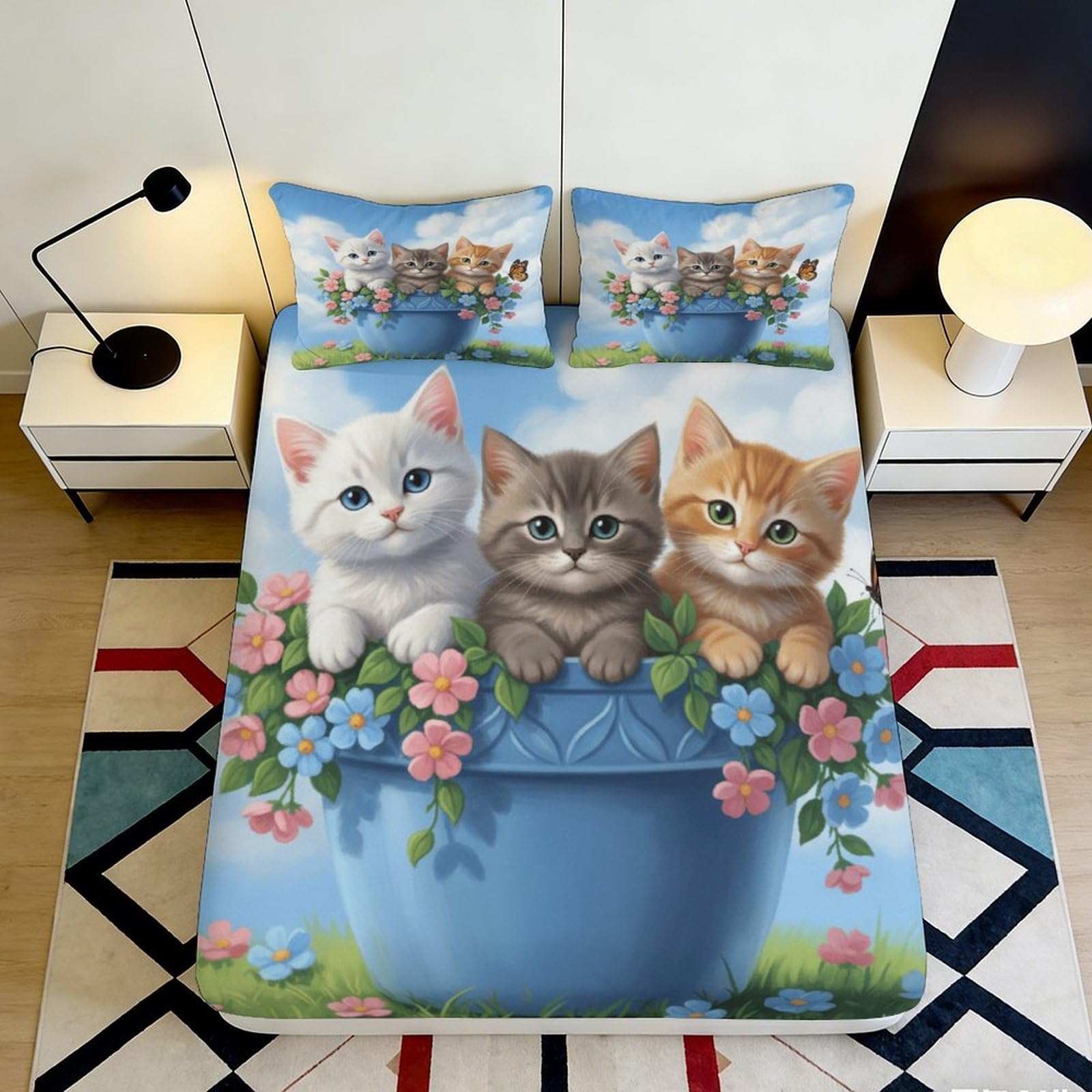 Jqzkxnhpbr Style-2 3D Printed Cute Kitten Flower Fitted Sheet Microfiber Soft Blue Cat Floral Mattress Cover For Bedroom Guest Room Decor 90X200x25cm