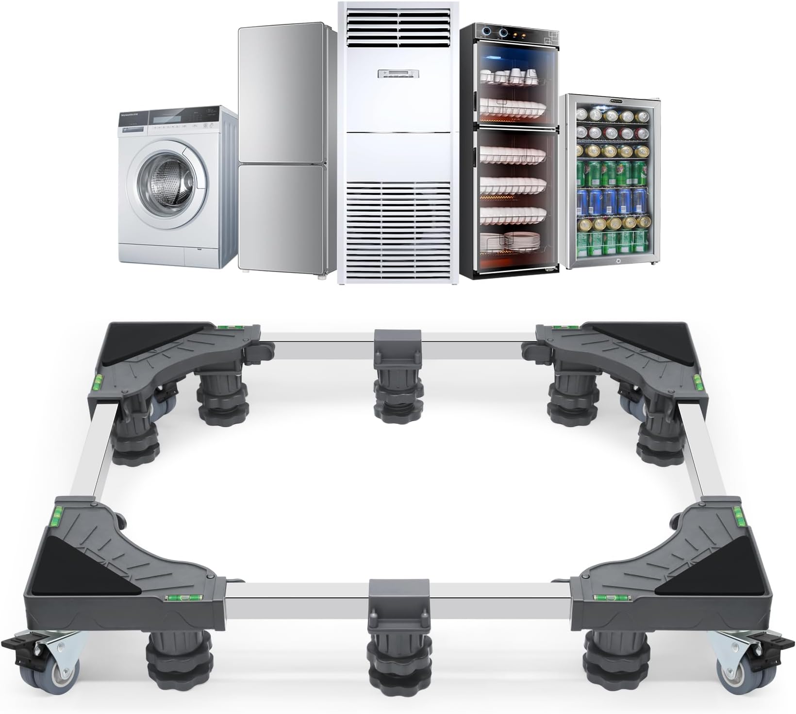 WBD WEIBIDA Upgraded Full-size Washing Machine Base Stand with 4 Locking Wheels & 10 Strong Feet, 24-31" Fridge Stand Adjustable Flat Dolly Cart Mobile Base for Washer, Dryer, Refrigerator, Furniture