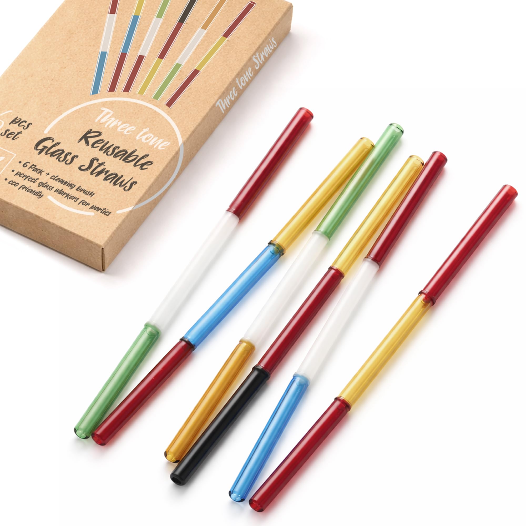GET FRESH Reusable Colorful Glass Straws Set - 6pcs Borosilicate Shatter-Resistant Multicolour 3-Tone Glass Straws for Cocktails & Drinks