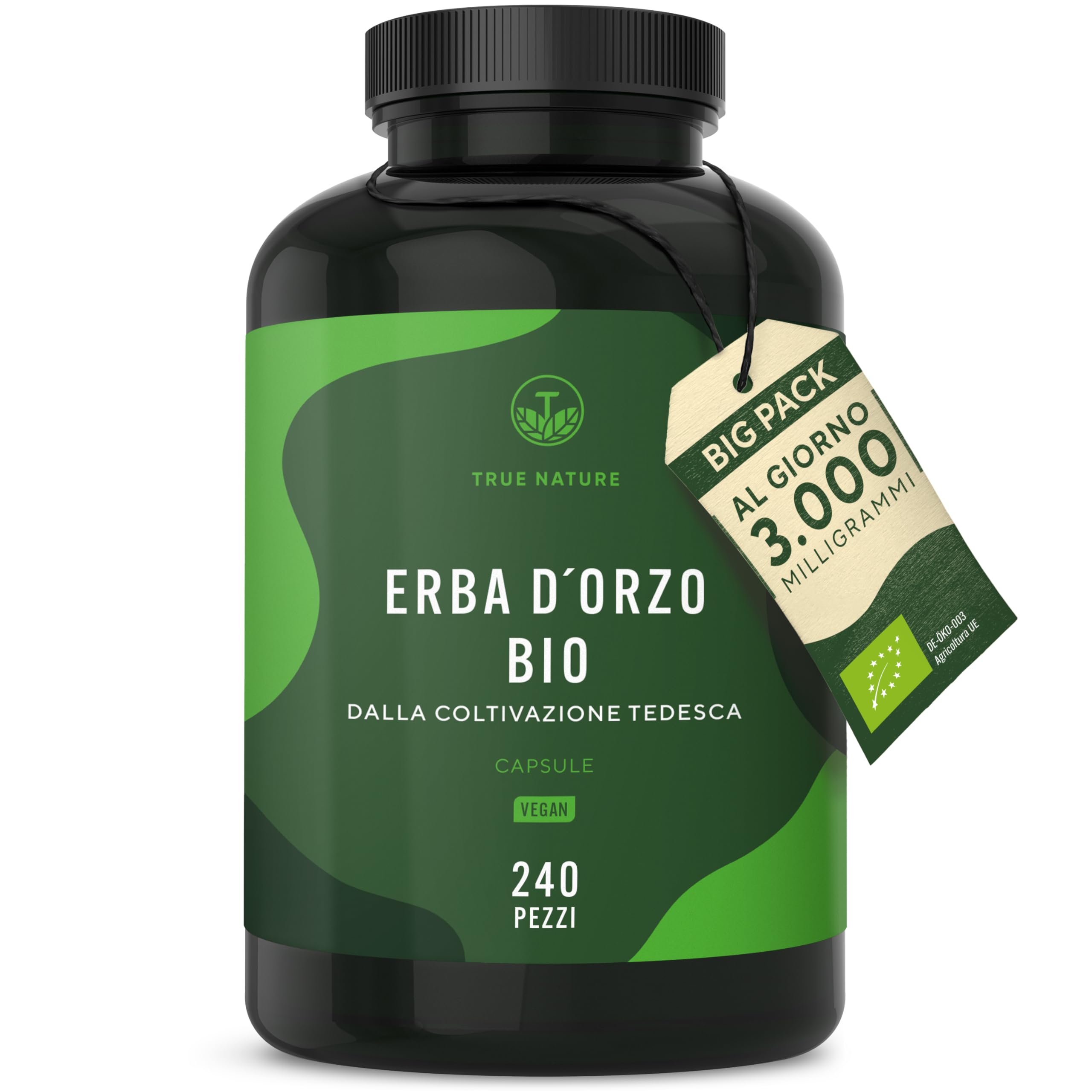 Erba d'Orzo BIO - 240 Capsules - barley grass - 3.000mg altamente misurati per dose giornaliera - Vegan e testato in laboratorio - Coltivazione tedesca - TRUE NATURE®