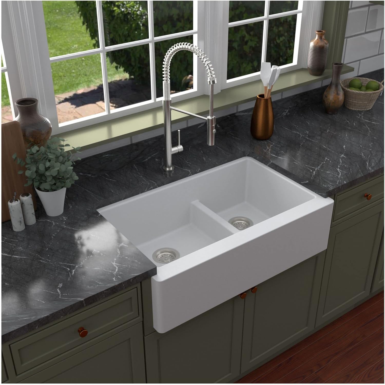 Karran Farmhouse Apron Front Quartz Composite Kitchen Sink, 34 in. 60/40 Double Bowl Low Divide, Heat & Scratch Resistant, Rear Drain (Black)
