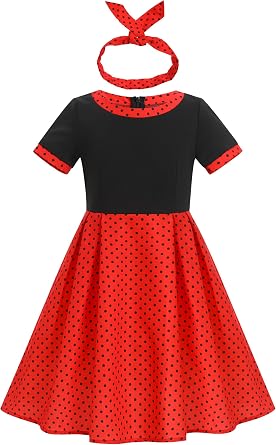 ODIZLI Kids Girls 1950s Retro Vintage Dress Short Sleeve Polka Dot Swing Dress and Headband Party Dresses