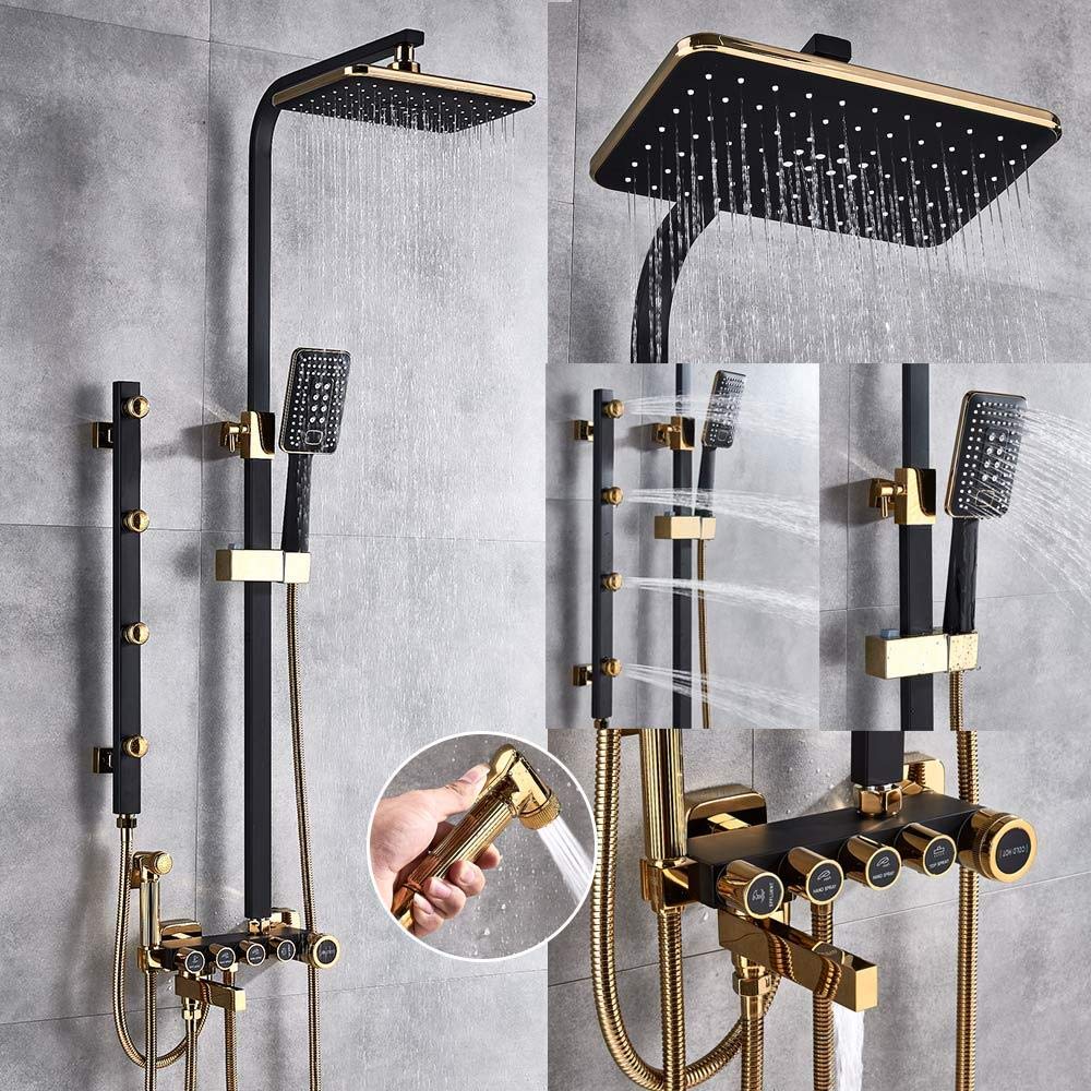 ASerZenith Shower Faucet Set 5-Function Switch Wall Mount Rain Shower Head with Hand Shower Bathtub Spout Bidet Tap Mixer-Black Gold(Black Gold)