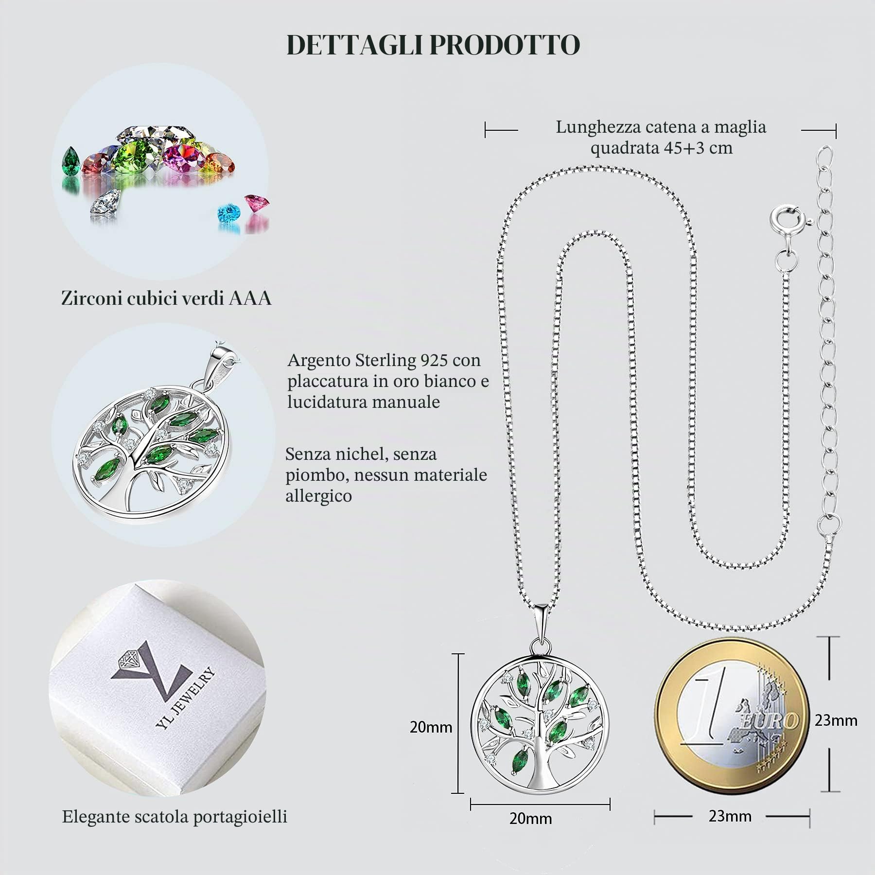YL Collana Donna Argento 925 con Ciondolo 5A Zirconia Cubica/Granato/Smeraldo Albero della Vita Pendente Gioielli, Catena 45+5cm