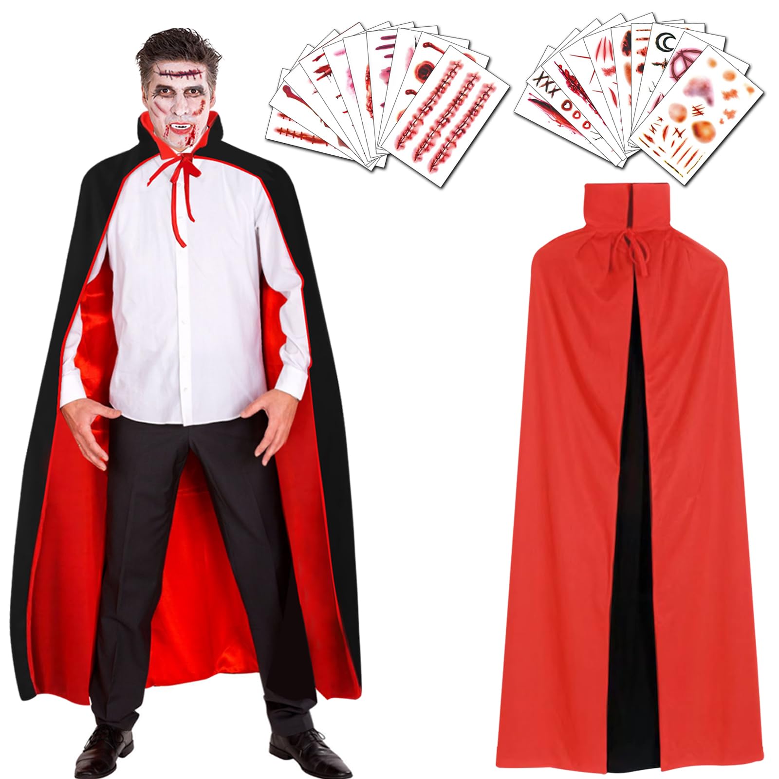 Mantello Da Vampiro Reversibile Per Bambini E Adulti - Rosso E Nero, Con Cappuccio, In Raso, Per Halloween E Carnevale - 2