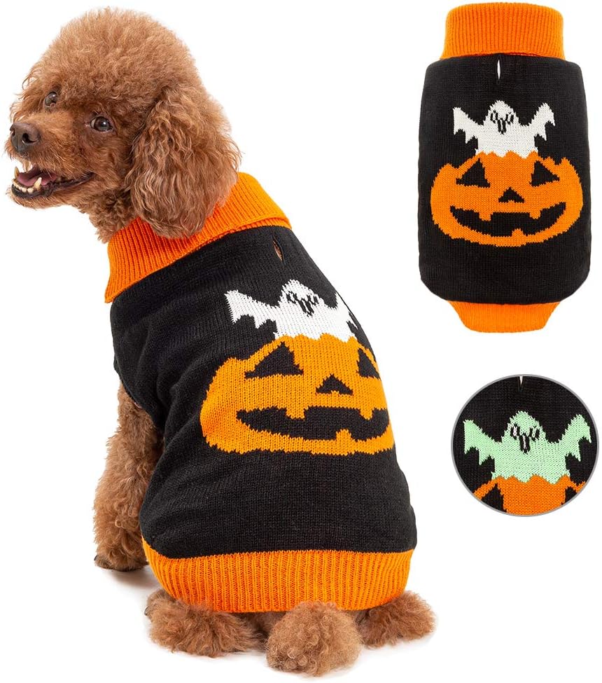 BINGPET Dog Halloween Sweater Pumpkin Pet Clothes, Dog Turtleneck, Dog Knitwear for Small Dogs