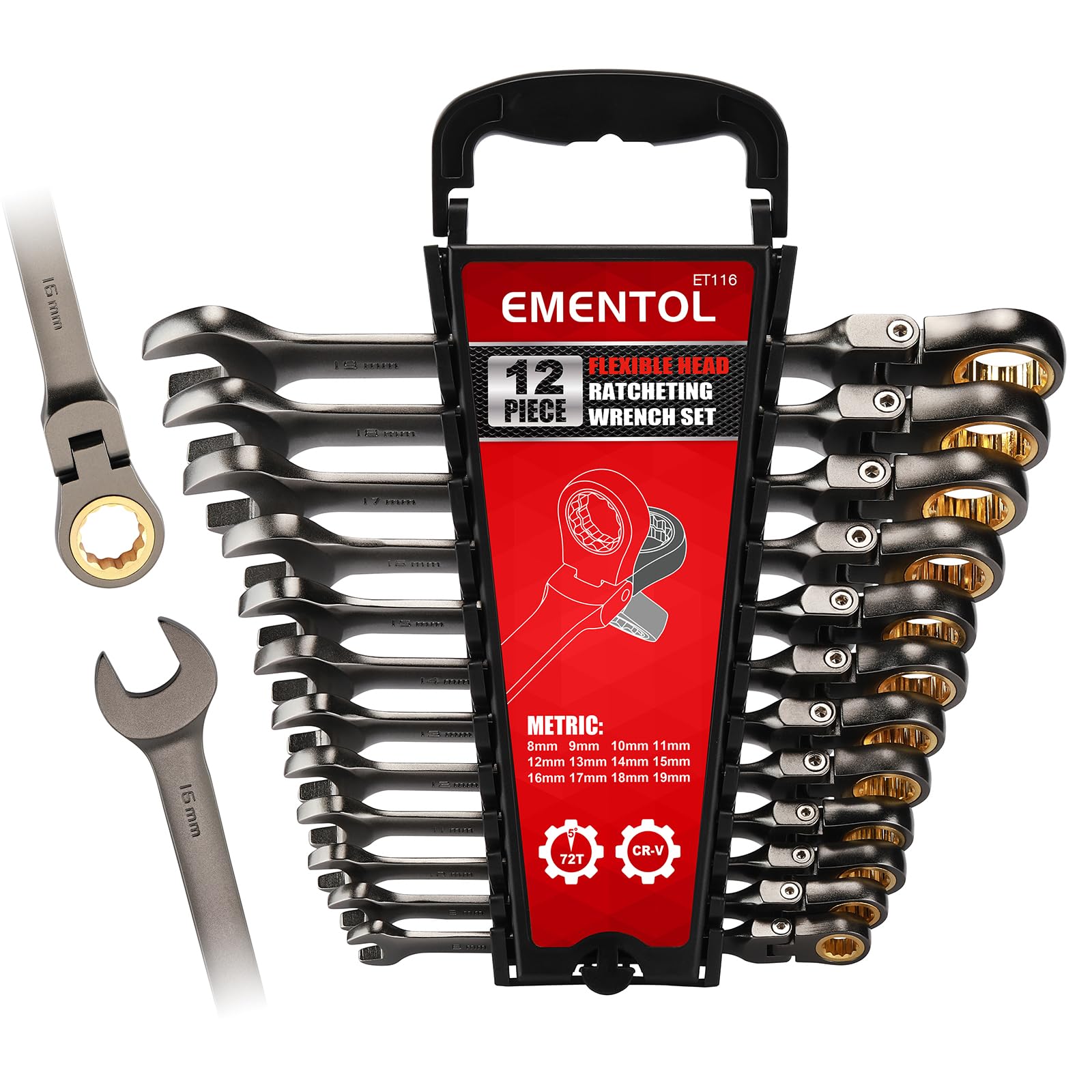 EMENTOL 12 Pieces Flex-Head Ratcheting Wrench Set with Organizer Rack, CR-V, 72-Teeth, Metric Ratchet Combination Wrenches Set, 8mm - 19mm